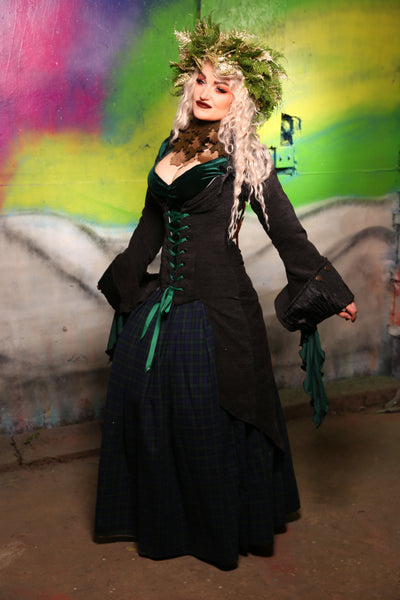 Peacock-Tailed Courtier Corset in Charcoal Upholstery #20 - "Darken My Door" Collection