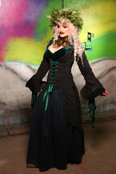 Peacock-Tailed Courtier Corset in Charcoal Upholstery #20 - "Darken My Door" Collection