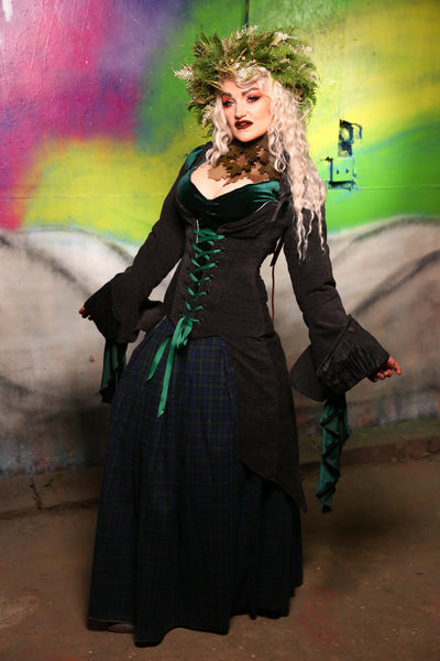 Peacock-Tailed Courtier Corset in Charcoal Upholstery #20 - "Darken My Door" Collection