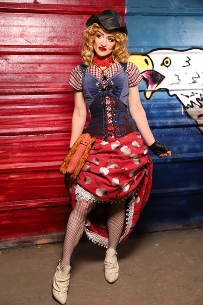 41. Swoon Skirt w/white lace trim in Red Lantern Blossoms - The Ameri-can-can Collection