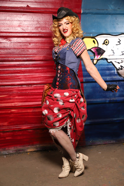 41. Swoon Skirt w/white lace trim in Red Lantern Blossoms - The Ameri-can-can Collection