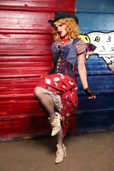 41. Swoon Skirt w/white lace trim in Red Lantern Blossoms - The Ameri-can-can Collection