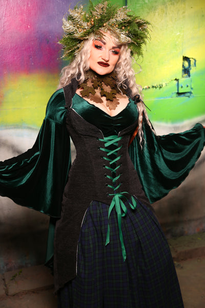 Peacock-Tailed Courtier Corset in Charcoal Upholstery #20 - "Darken My Door" Collection