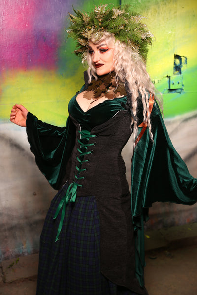 Peacock-Tailed Courtier Corset in Charcoal Upholstery #20 - "Darken My Door" Collection