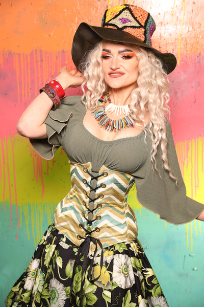 2 VARIANTS! Petite AND Classic Wench Corset in Bitter Lime Chevron - The "Fairy Flea Market" Collection