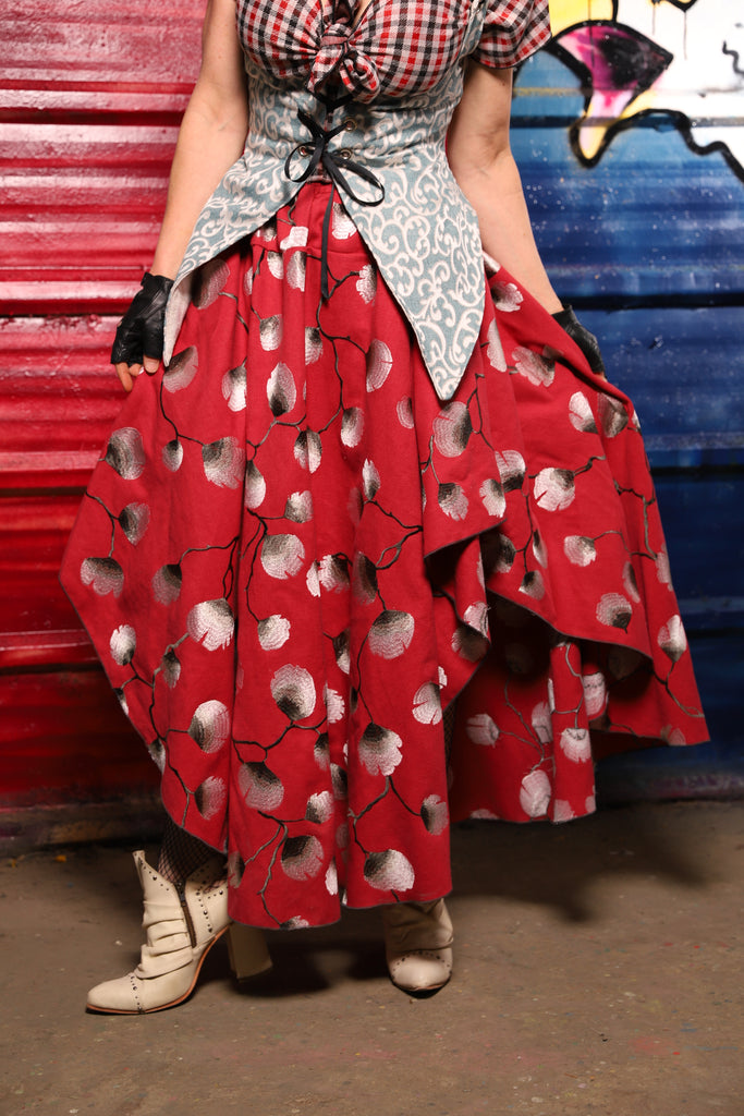 06. Crescent Skirt in Red Lantern Blossoms - The Ameri-can-can Collection