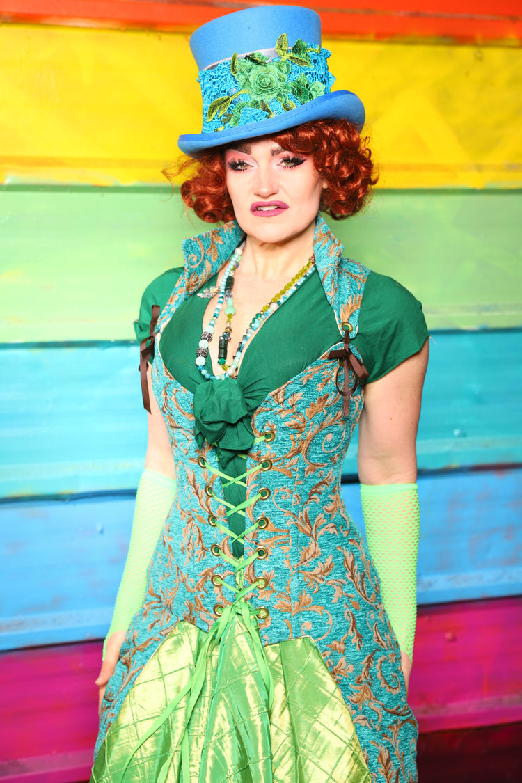 Peacock-Tailed Courtier Corset in in Turquoise & Gold Filigree #41 - The Magically Delicious Collection