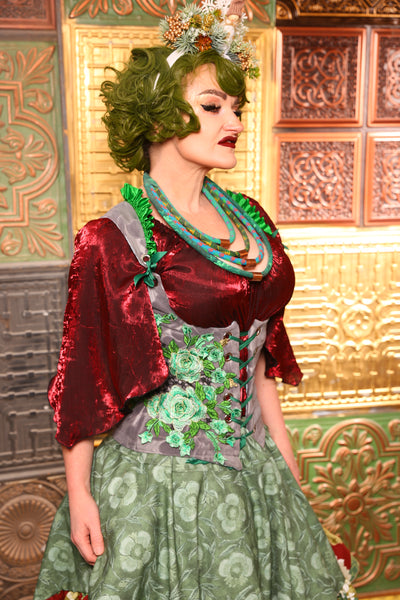 Petite Vixen Corset *ruffle collar*  in Gray Flocked Floral w/ Applique - Day 2 "12 Days of Christmas" 2024