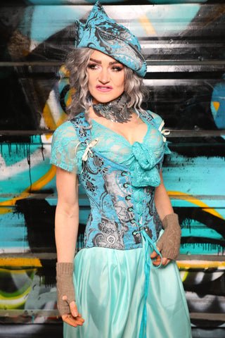 40. Petite Courtier Overbust Corset in Turquoise & Silver Medallion - The "Love at Frost Sight" Collection