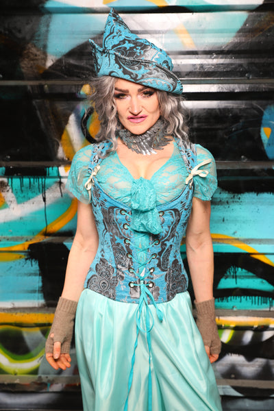 40. Petite Courtier Overbust Corset in Turquoise & Silver Medallion - The "Love at Frost Sight" Collection