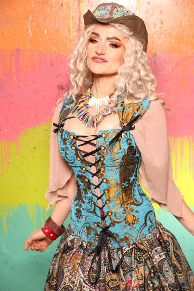 Aurora Corset in Turquise & Bronze Medallion - The "Fairy Flea Market" Collection