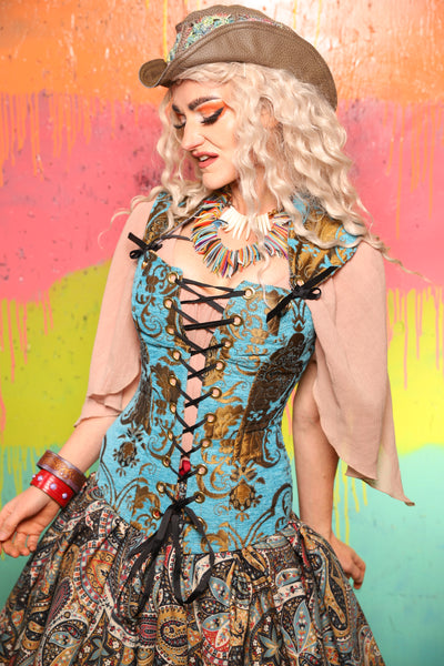 Aurora Corset in Turquise & Bronze Medallion - The "Fairy Flea Market" Collection