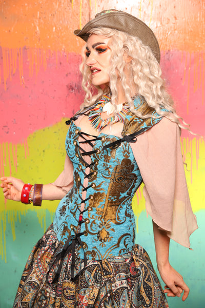 Aurora Corset in Turquise & Bronze Medallion - The "Fairy Flea Market" Collection