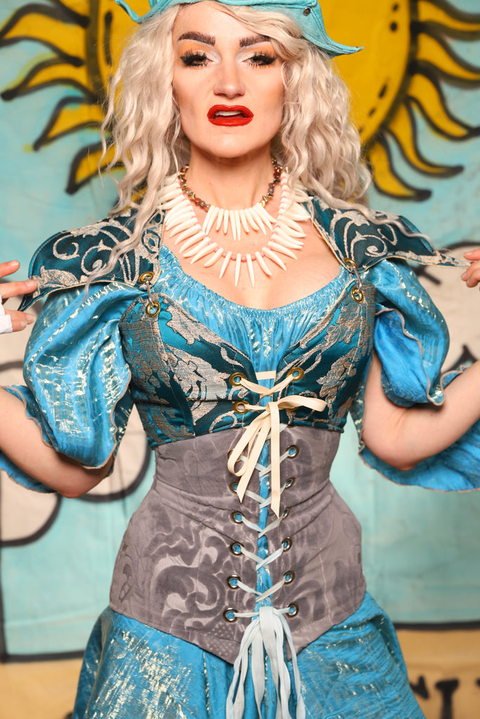 Cropped Elf Overbust Corset in Teal Damask - Surprise Sale!