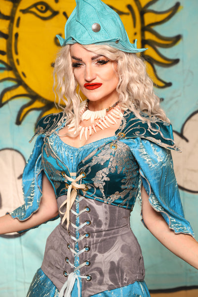 Cropped Elf Overbust Corset in Teal Damask - Surprise Sale!