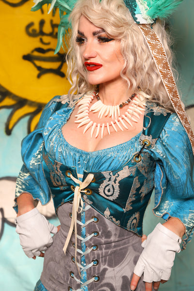 Cropped Marie Bodice in in Teal Damask - Surprise Sale!