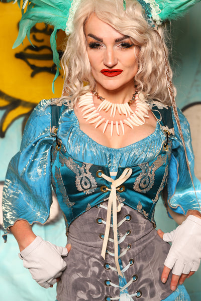 Cropped Marie Bodice in in Teal Damask - Surprise Sale!