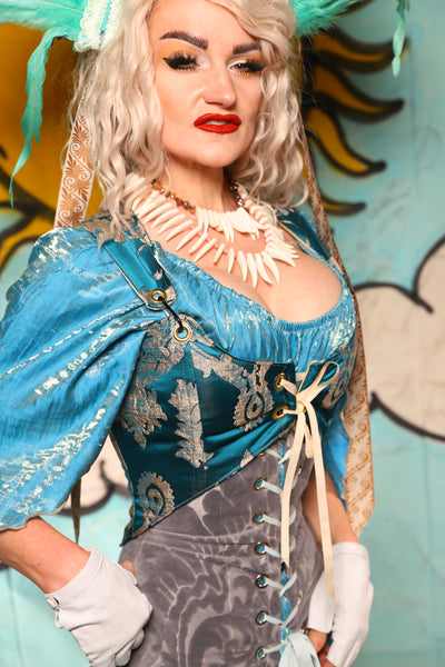 Cropped Marie Bodice in in Teal Damask - Surprise Sale!