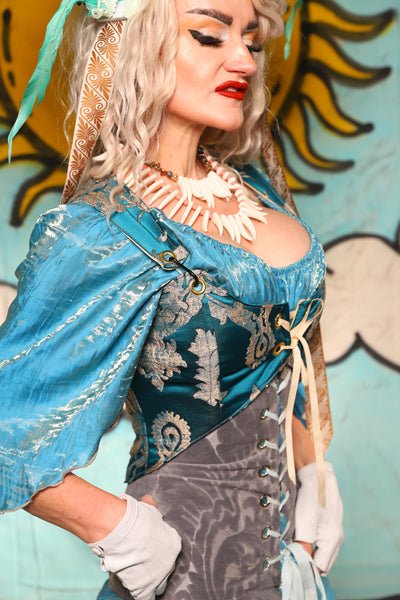 Cropped Marie Bodice in in Teal Damask - Surprise Sale!