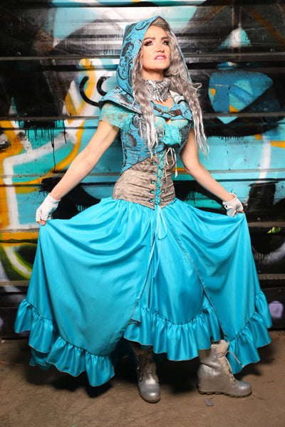 60. Straight Front Skirt w/ruffle in Glacial Kiss/Straight Front Skirt w/ruffle in Dark Teal Satin - The "Love at Frost Sight" Collection