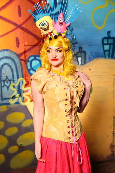 05-Aurora Corset in Sponge Bob Yellow Floral Velvet -The Barnacle Blues Collection