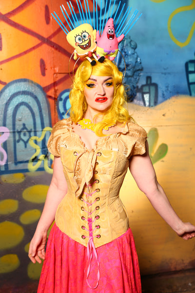 05-Aurora Corset in Sponge Bob Yellow Floral Velvet -The Barnacle Blues Collection