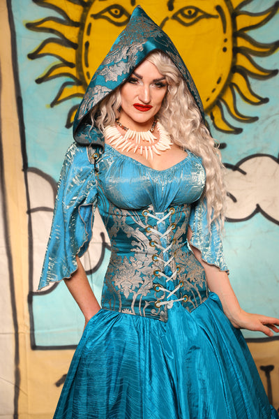 Hooded Vixen Corset in Teal Damask - Surprise Sale!