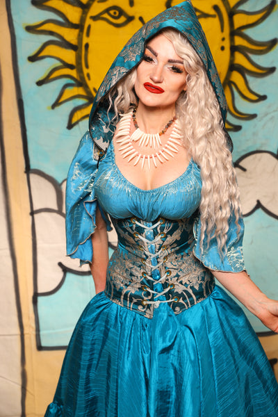 Hooded Vixen Corset in Teal Damask - Surprise Sale!