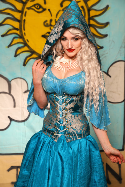 Hooded Vixen Corset in Teal Damask - Surprise Sale!