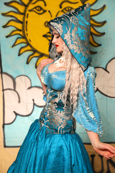 Hooded Vixen Corset in Teal Damask - Surprise Sale!