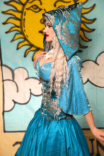Hooded Vixen Corset in Teal Damask - Surprise Sale!