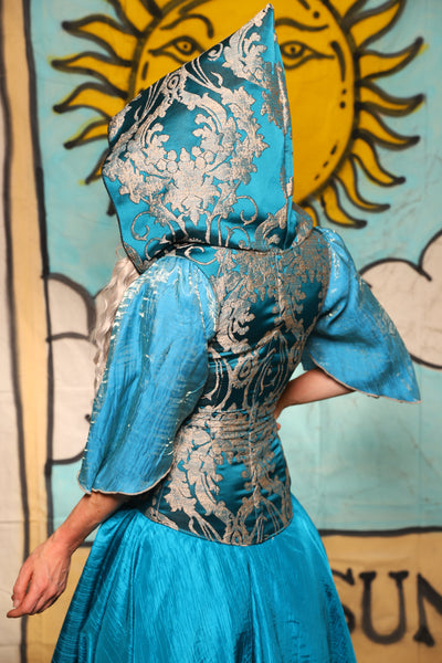 Hooded Vixen Corset in Teal Damask - Surprise Sale!