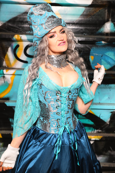 31. Maiden Corset in Turquoise & Silver Medallion - The "Love at Frost Sight" Collection