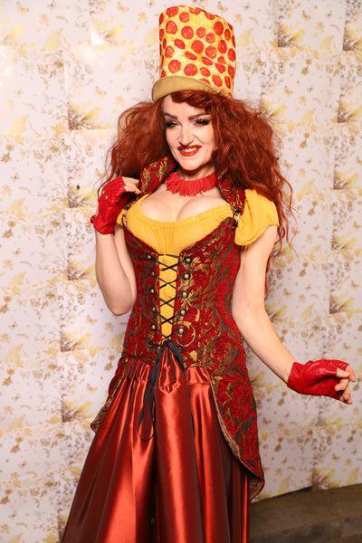 24. PETITE Overbust Tailed Corset in Red & Gold Vine - The Marinara Maidens Collection