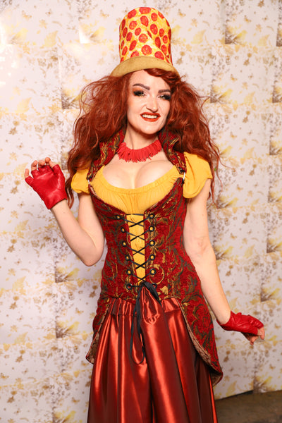 24. PETITE Overbust Tailed Corset in Red & Gold Vine - The Marinara Maidens Collection