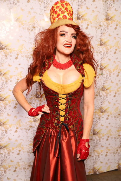 24. PETITE Overbust Tailed Corset in Red & Gold Vine - The Marinara Maidens Collection