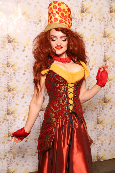 24. PETITE Overbust Tailed Corset in Red & Gold Vine - The Marinara Maidens Collection