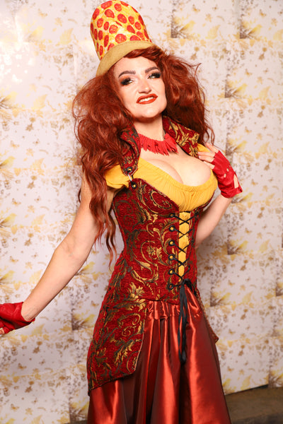 24. PETITE Overbust Tailed Corset in Red & Gold Vine - The Marinara Maidens Collection