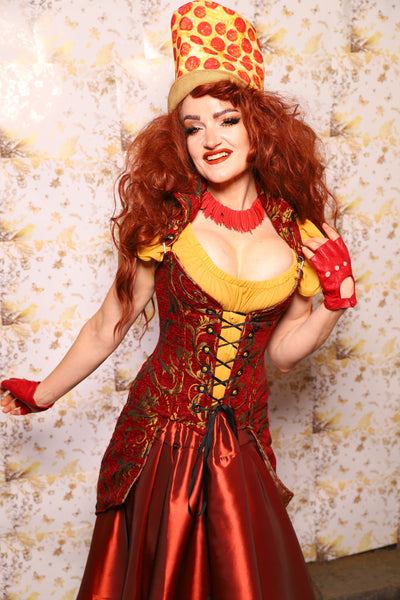 24. PETITE Overbust Tailed Corset in Red & Gold Vine - The Marinara Maidens Collection
