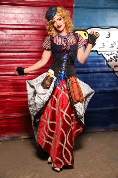33. Split Front w/Black lace trim in Silver Ironwork *Sewn in Skirt Hikes* - The Ameri-can-can Collection