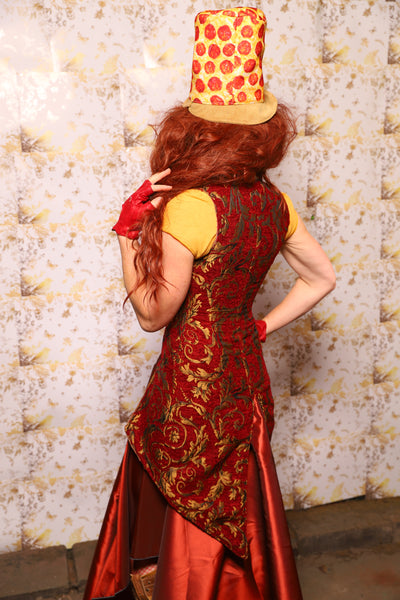 24. PETITE Overbust Tailed Corset in Red & Gold Vine - The Marinara Maidens Collection