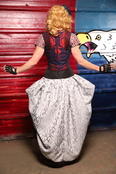 33. Split Front w/Black lace trim in Silver Ironwork *Sewn in Skirt Hikes* - The Ameri-can-can Collection