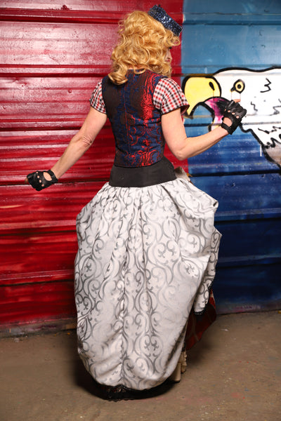 33. Split Front w/Black lace trim in Silver Ironwork *Sewn in Skirt Hikes* - The Ameri-can-can Collection