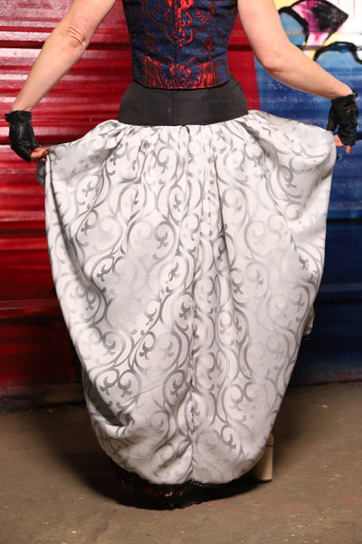 33. Split Front w/Black lace trim in Silver Ironwork *Sewn in Skirt Hikes* - The Ameri-can-can Collection