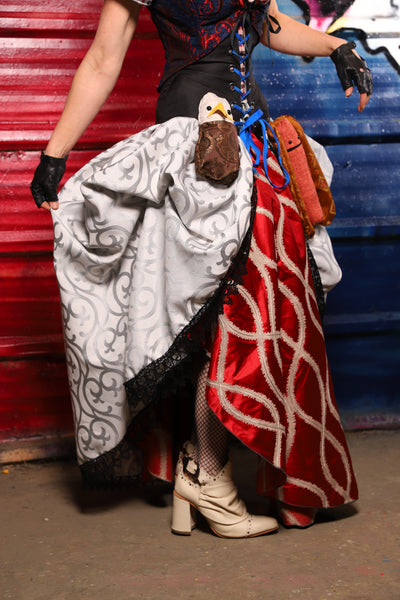 33. Split Front w/Black lace trim in Silver Ironwork *Sewn in Skirt Hikes* - The Ameri-can-can Collection