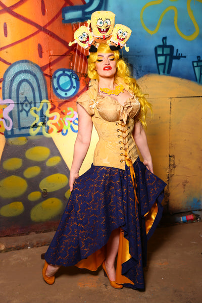 01-2 Layer Crescent Skirt in Navy Blue Lace & Yellow Satin -The Barnacle Blues Collection