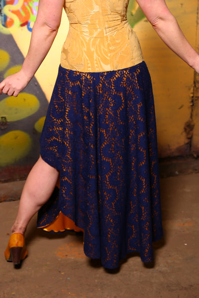 01-2 Layer Crescent Skirt in Navy Blue Lace & Yellow Satin -The Barnacle Blues Collection