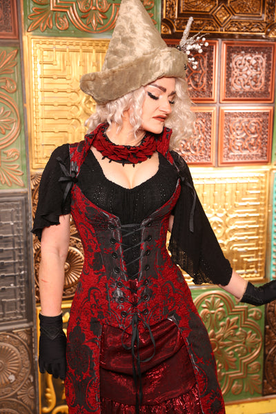 Peacock Tailed Courtier Corset in Crimson and Pewter Medallion - The "Belsnickel's Beauty" Collection