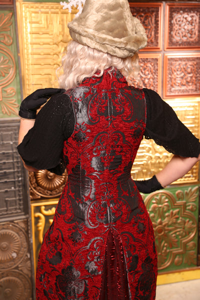 Peacock Tailed Courtier Corset in Crimson and Pewter Medallion - The "Belsnickel's Beauty" Collection