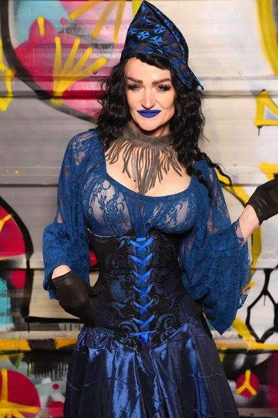 04. Classic Blouse w/Long Sleeves in Dark Blue Stretch Lace - The Dark Waters Collection